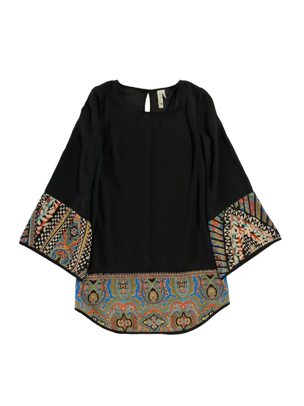 Pink Owl Shift Tunic Dress S Bell Sleeves Curved Hem Bohemian Geometric Paisley